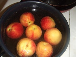 Peaches happily blanching in Peches 