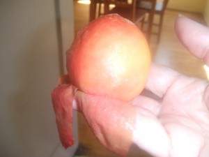 The skin of the peach slides off easily after its been blanched